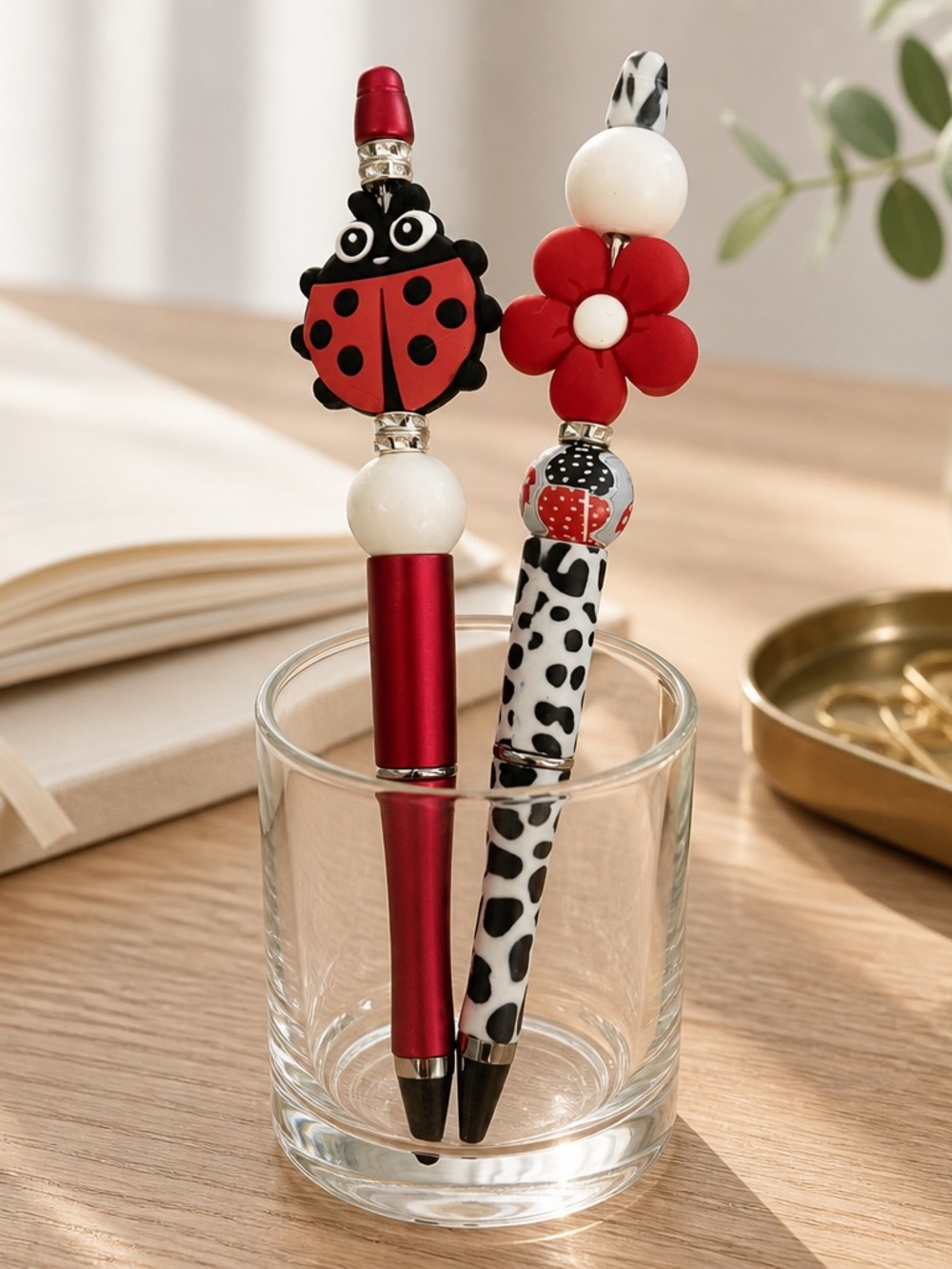 Adorable Set of 2 Beaded Ladybug Design Ballpoint Pens (Black Ink)